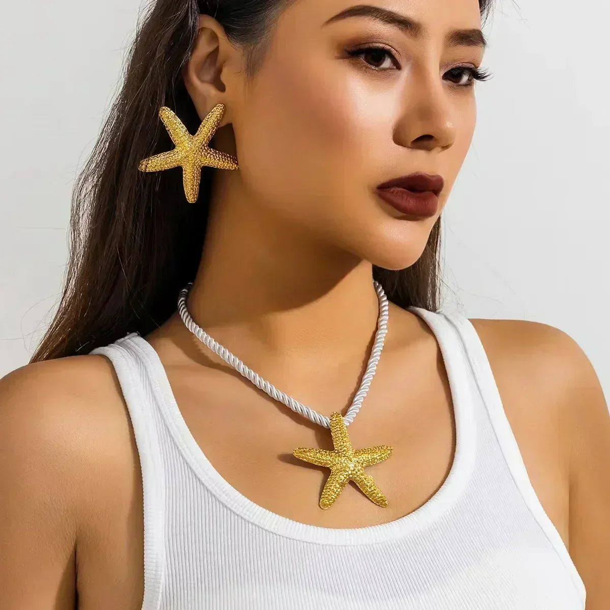 Exaggerated Boho Metal Big Starfish Star Pendant Choker Necklace Women Summer Punk White Chunky Chain Y2K Jewelry Accessories