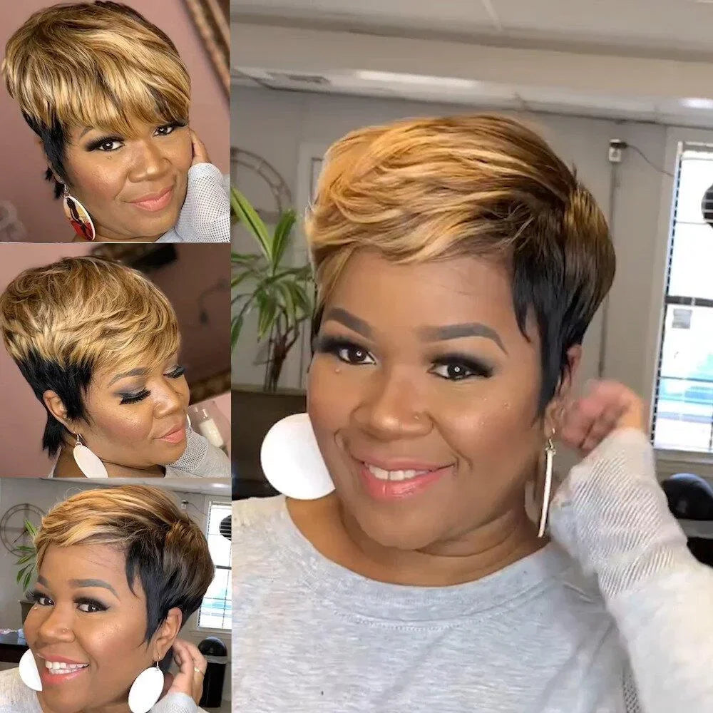 WIGERA Pelucas sintéticas destacadas Corto Liso Pixie Cut Peluca Bob Pelo Dorado Miel Mezcla Negro Cabello para Mujer