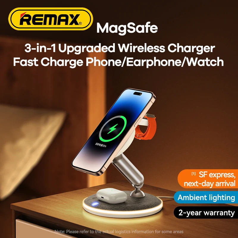 Remax 3 in 1 Magnetic Wireless 15W Charger Stand For iPhone 14 13 12 Pro Airpods Phone Fast Charge Dock Station For Apple Watch