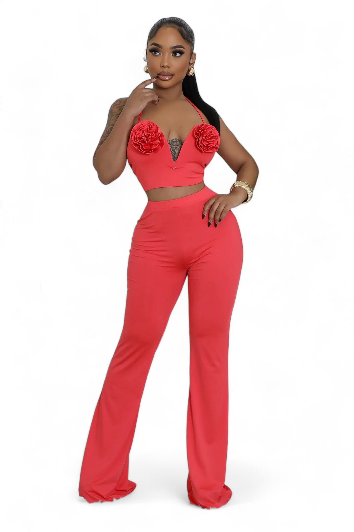 Conjunto de dos piezas de top y pantalón Rosas Rojo
