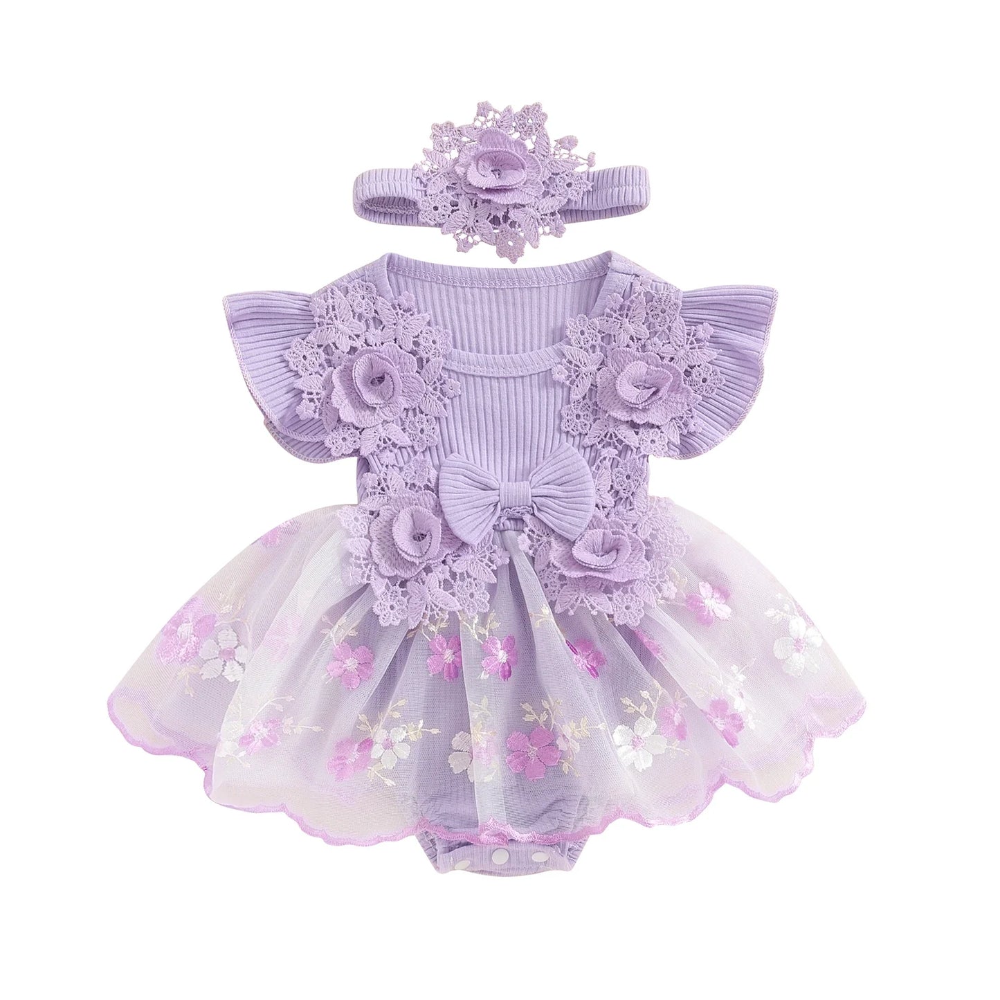 3D Flower Summer Baby Girls Romper Princess Mesh Newborn Clothes Lace Patchwork Ruffle Bodysuit Dress Headband Kids Clothing