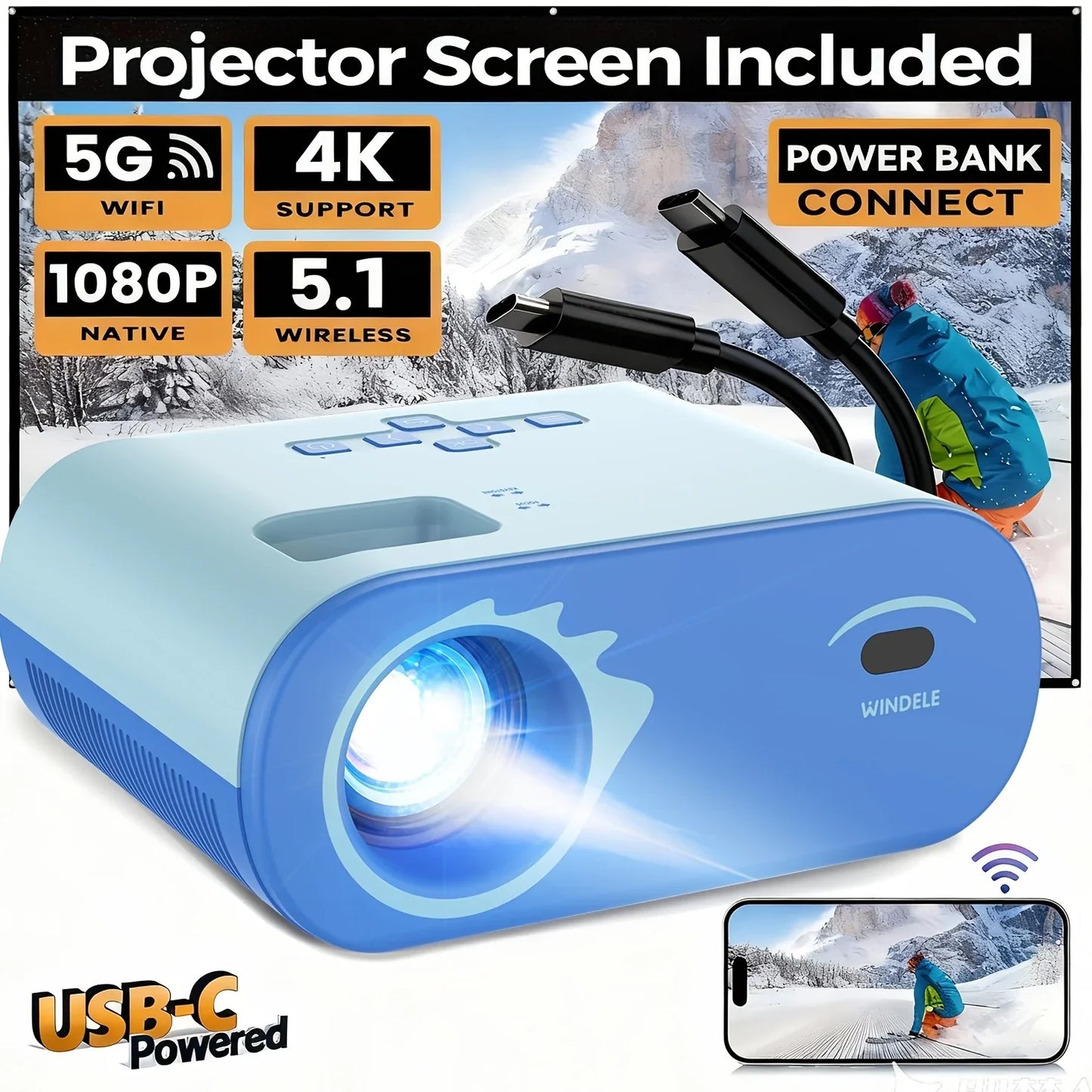 1080p Full HD Portable Projector, Bluetooth Movie Projector with