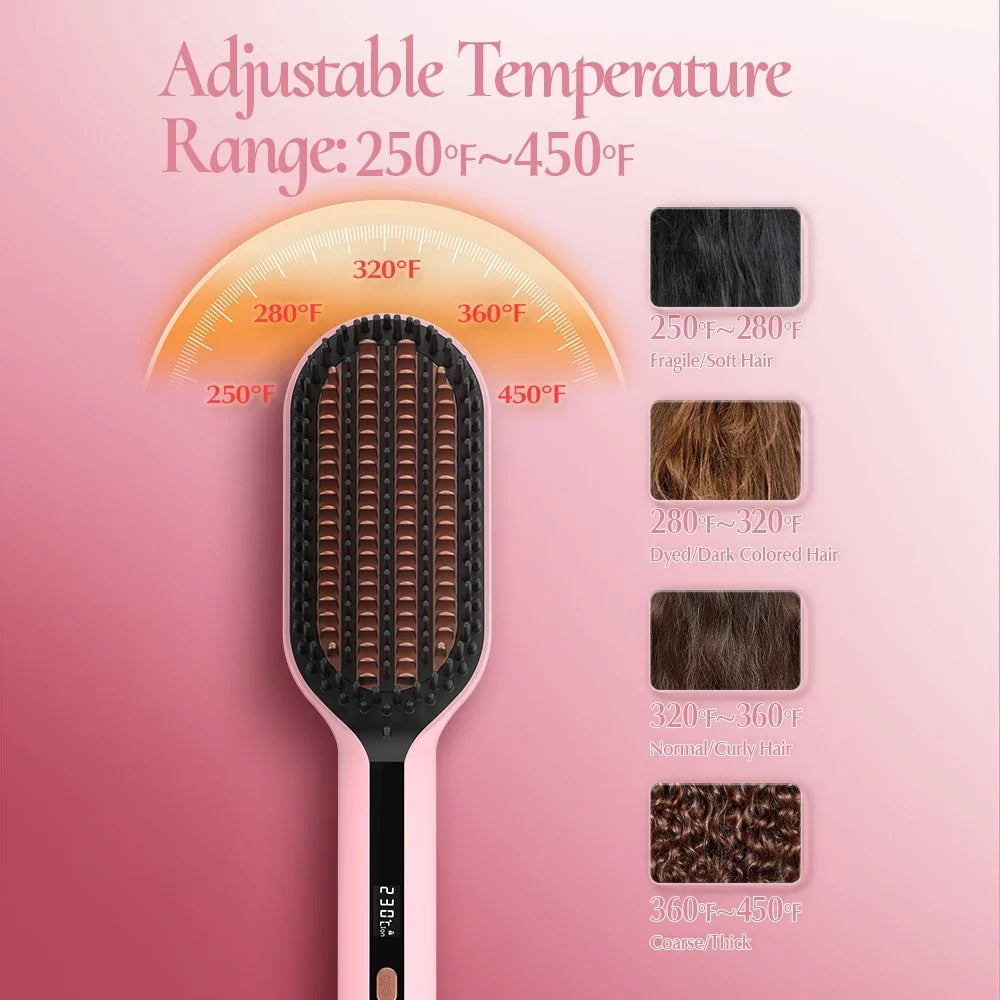 Electric Hair Straightening Brush, 45s Fast Heat-Up, 5 Temp Modes Hot Straightener Comb, 360° Swivel Cord, Smooth Hair, 120-240V