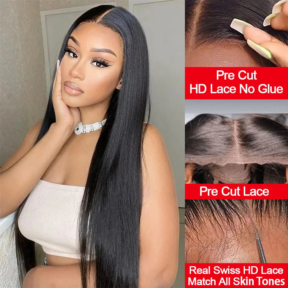 Pelucas de cabello humano liso sin pegamento pre-cortadas para mujer, peluca brasileña sin pegamento, lista para usar, pre-arrancada, 200%.