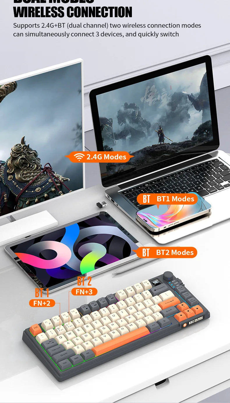 Wireless Keyboard 80 Key 80% Layout Spanish Russian Arabic Korean Keyboard Mouse Set Bluetooth 2.4G 2000mAh Type C K92 Backlight