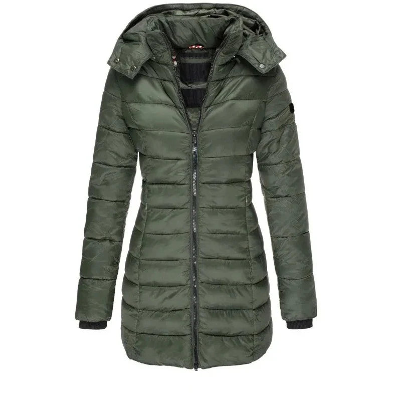 Winter Thicken Warm Women Parkas Zippers Solid Overcoat Casual Long Sleeve Padded Puffer Jacket Female Mid-length Slim Coat Top