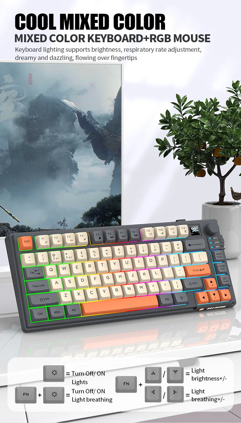 Wireless Keyboard 80 Key 80% Layout Spanish Russian Arabic Korean Keyboard Mouse Set Bluetooth 2.4G 2000mAh Type C K92 Backlight