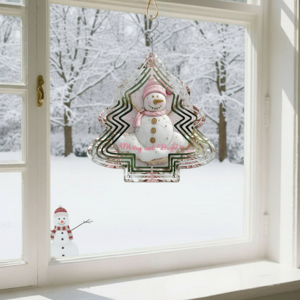 Merry and Bright Pink Snowman Wind Spinner Outdoor Decor
