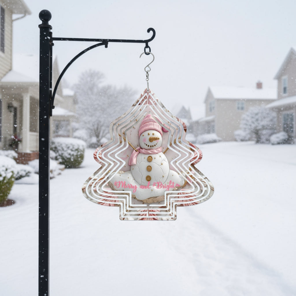 Merry and Bright Pink Snowman Wind Spinner Outdoor Decor