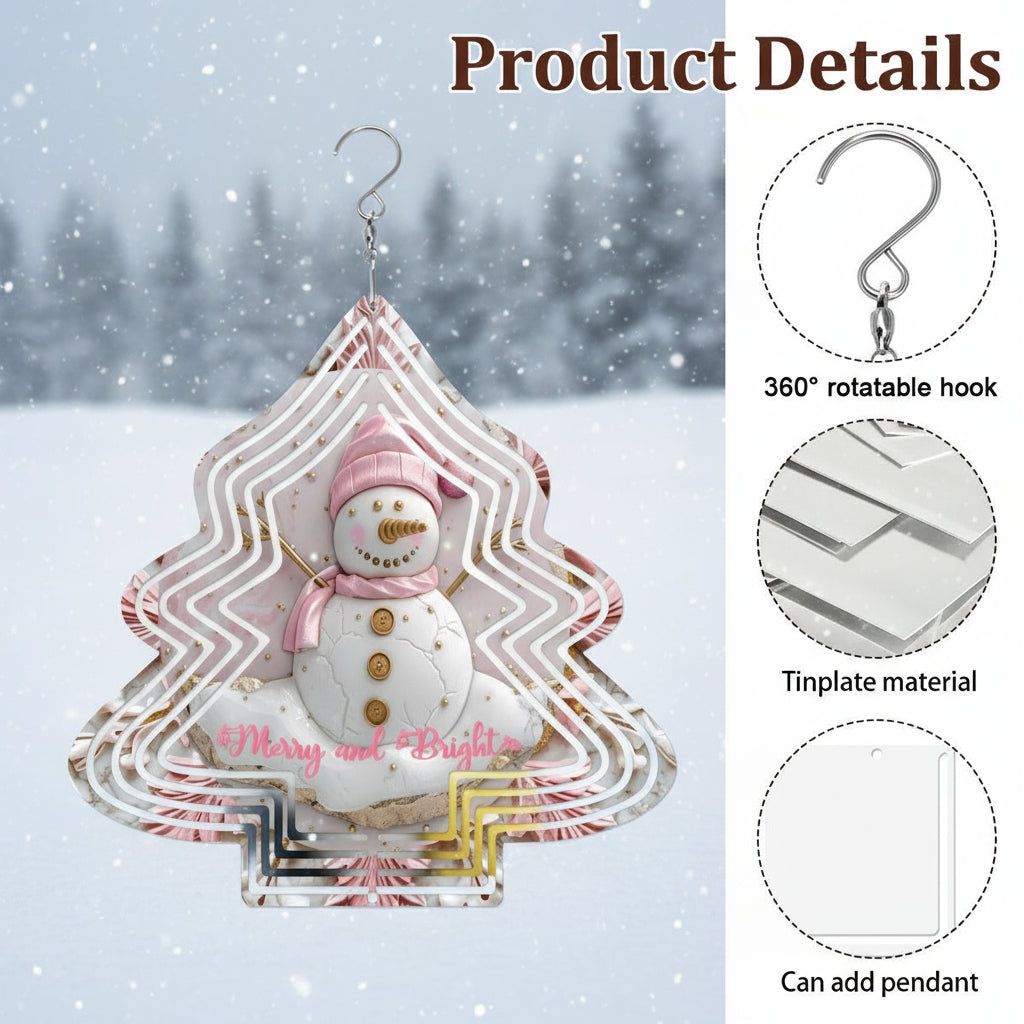 Merry and Bright Pink Snowman Wind Spinner Outdoor Decor