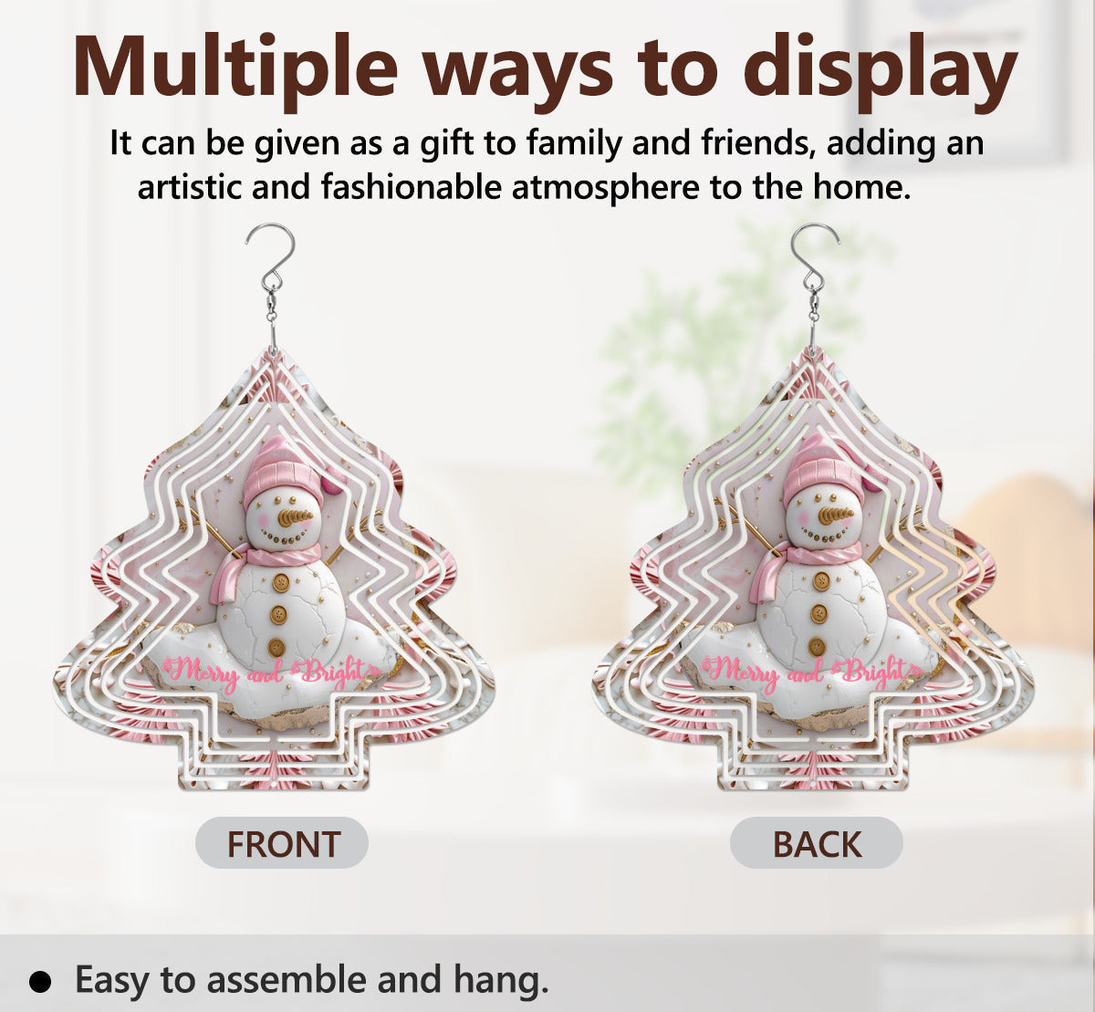 Merry and Bright Pink Snowman Wind Spinner Outdoor Decor