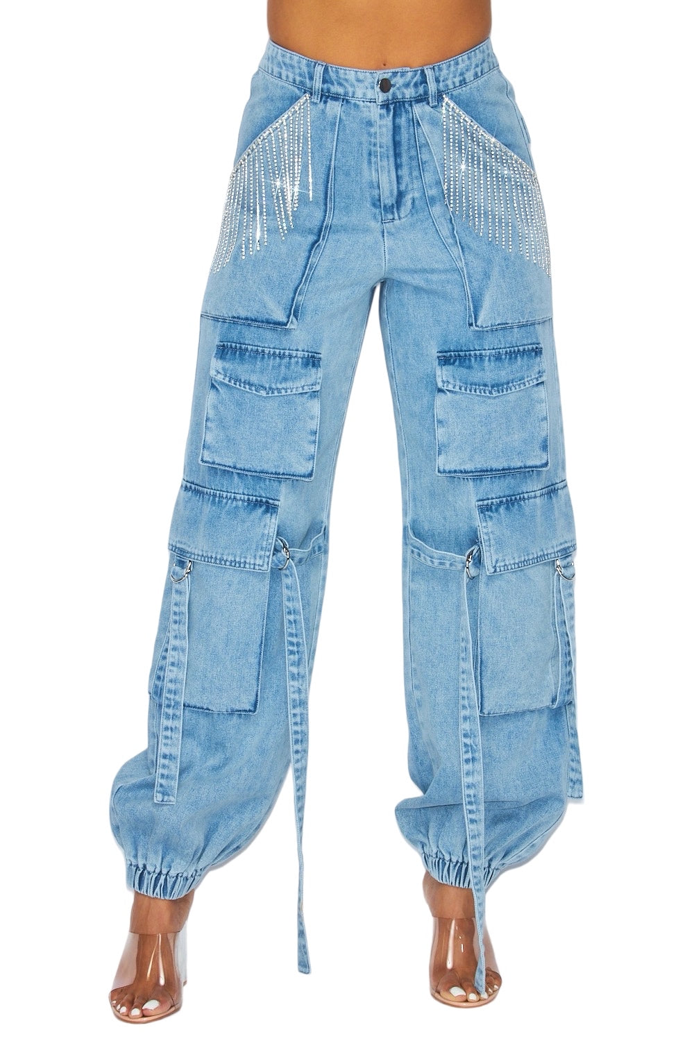 Pantalones cargo de mezclilla con jogger de pedrería **NO ELÁSTICO**