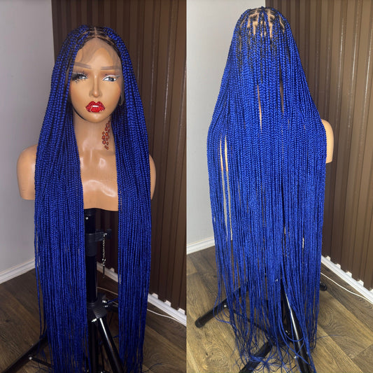 Peluca trenzada sin nudos azul con encaje completo