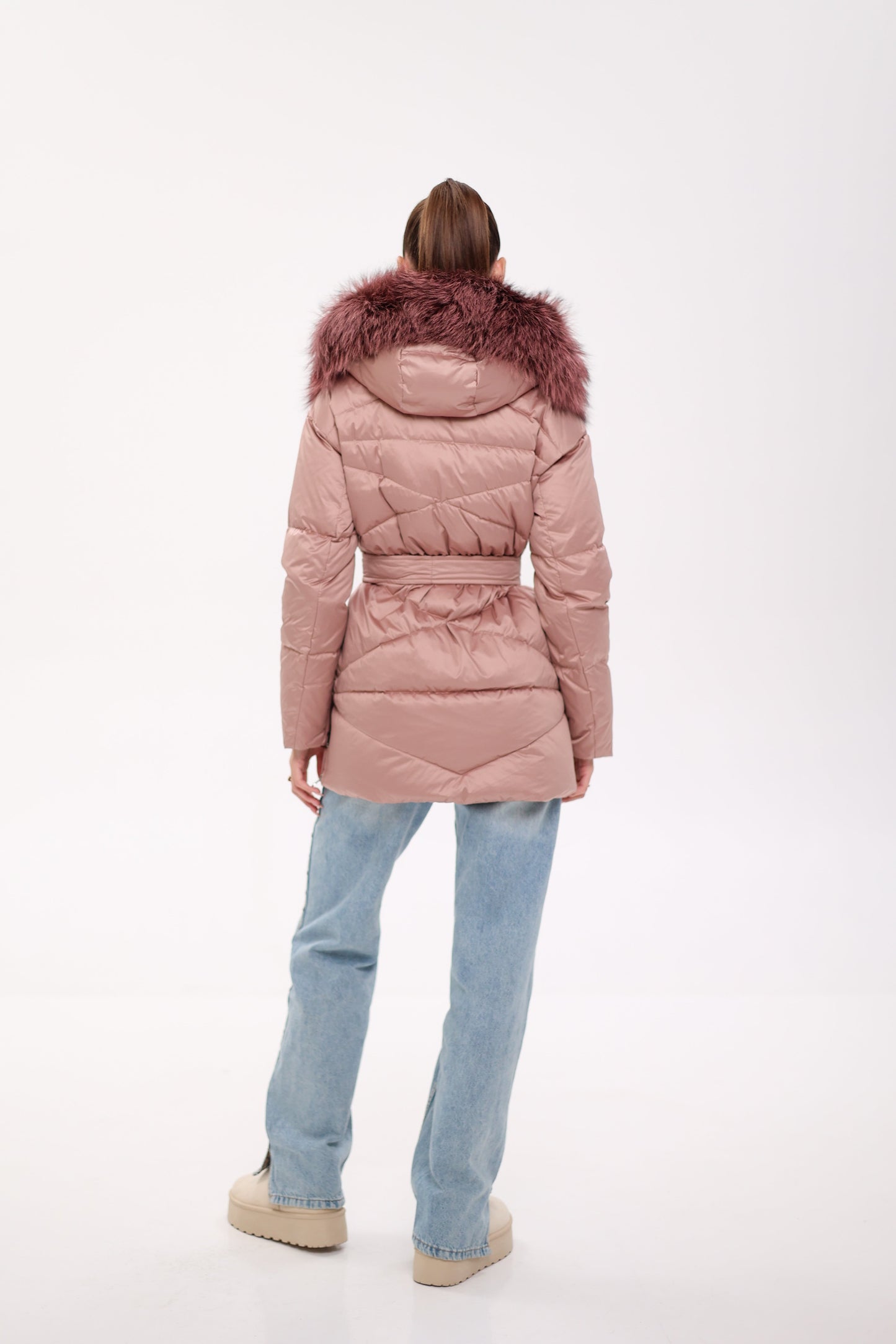 Parka de plumas con ribete de auténtica piel de zorro plateado