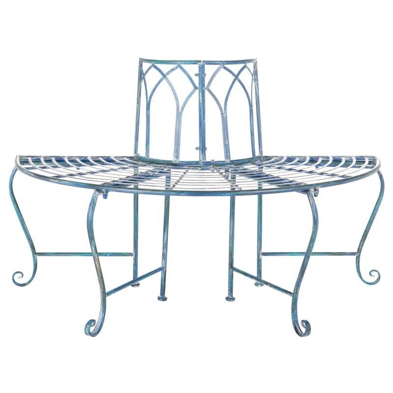 Banco de árbol de hierro forjado azul antiguo para jardín o patio semicircular para exteriores