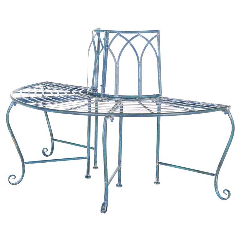 Banco de árbol de hierro forjado azul antiguo para jardín o patio semicircular para exteriores