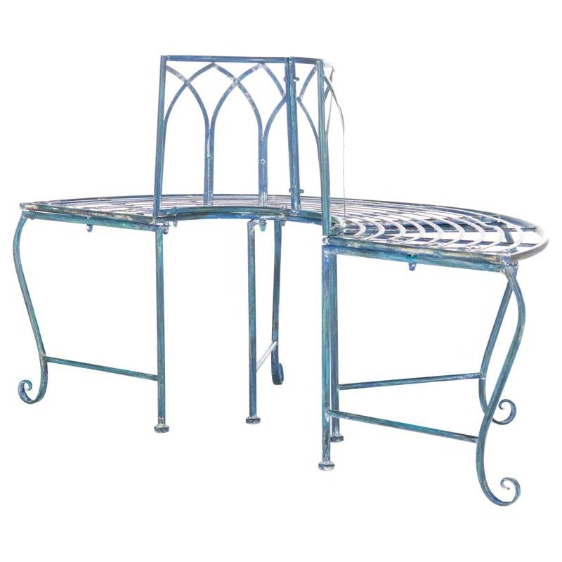Banco de árbol de hierro forjado azul antiguo para jardín o patio semicircular para exteriores
