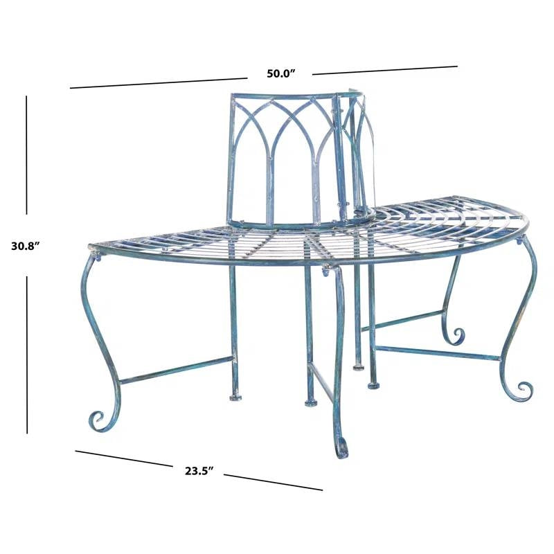 Banco de árbol de hierro forjado azul antiguo para jardín o patio semicircular para exteriores