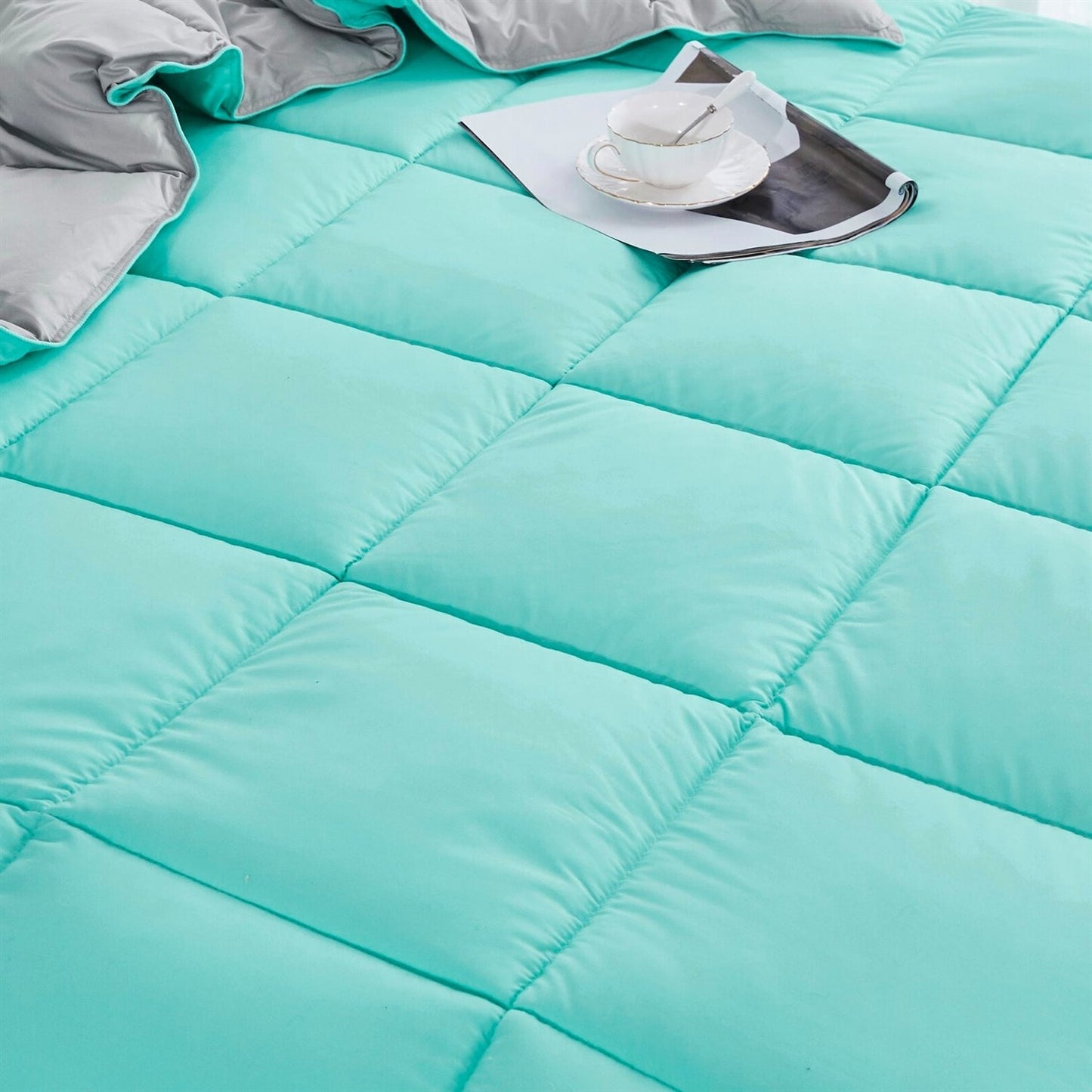 Juego de edredón de microfibra tradicional reversible de 3 piezas para cama individual/individual XL en azul/gris