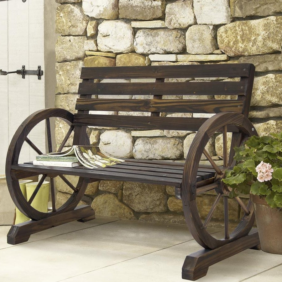 Banco de madera para dos personas con diseño de rueda de carreta de casa de campo