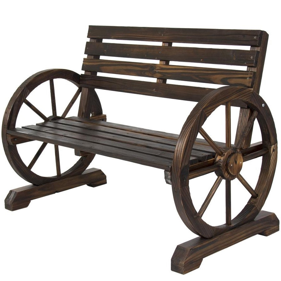 Banco de madera para dos personas con diseño de rueda de carreta de casa de campo