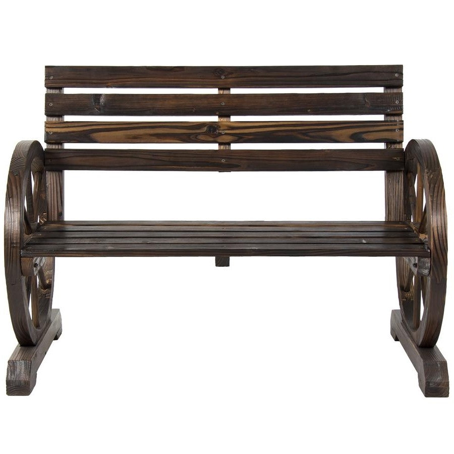 Banco de madera para dos personas con diseño de rueda de carreta de casa de campo
