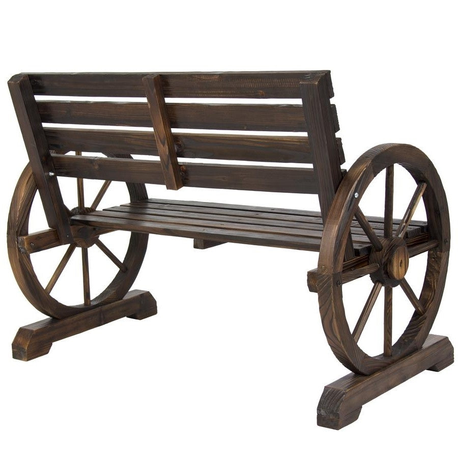 Banco de madera para dos personas con diseño de rueda de carreta de casa de campo