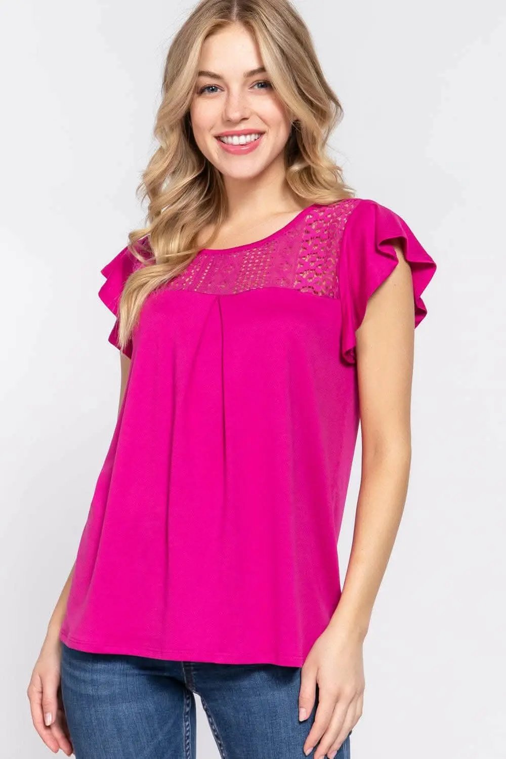 Sweaters Trendsi Ruffle Knit Top Blouse Magenta Small Lace Detail