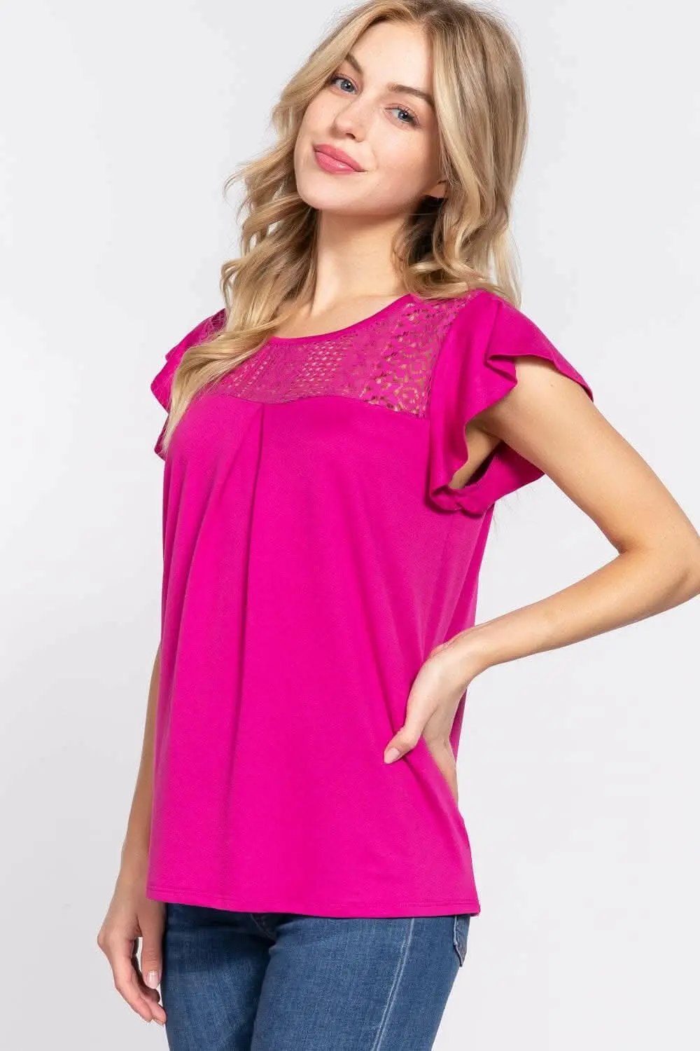 Sweaters Trendsi Ruffle Knit Top Blouse Magenta Small Lace Detail
