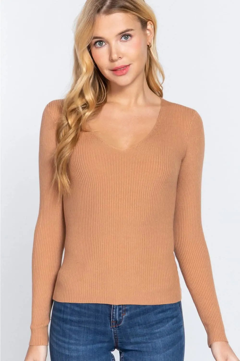 Activewear Top - V-Neck Fitted Rib Knit - Basic