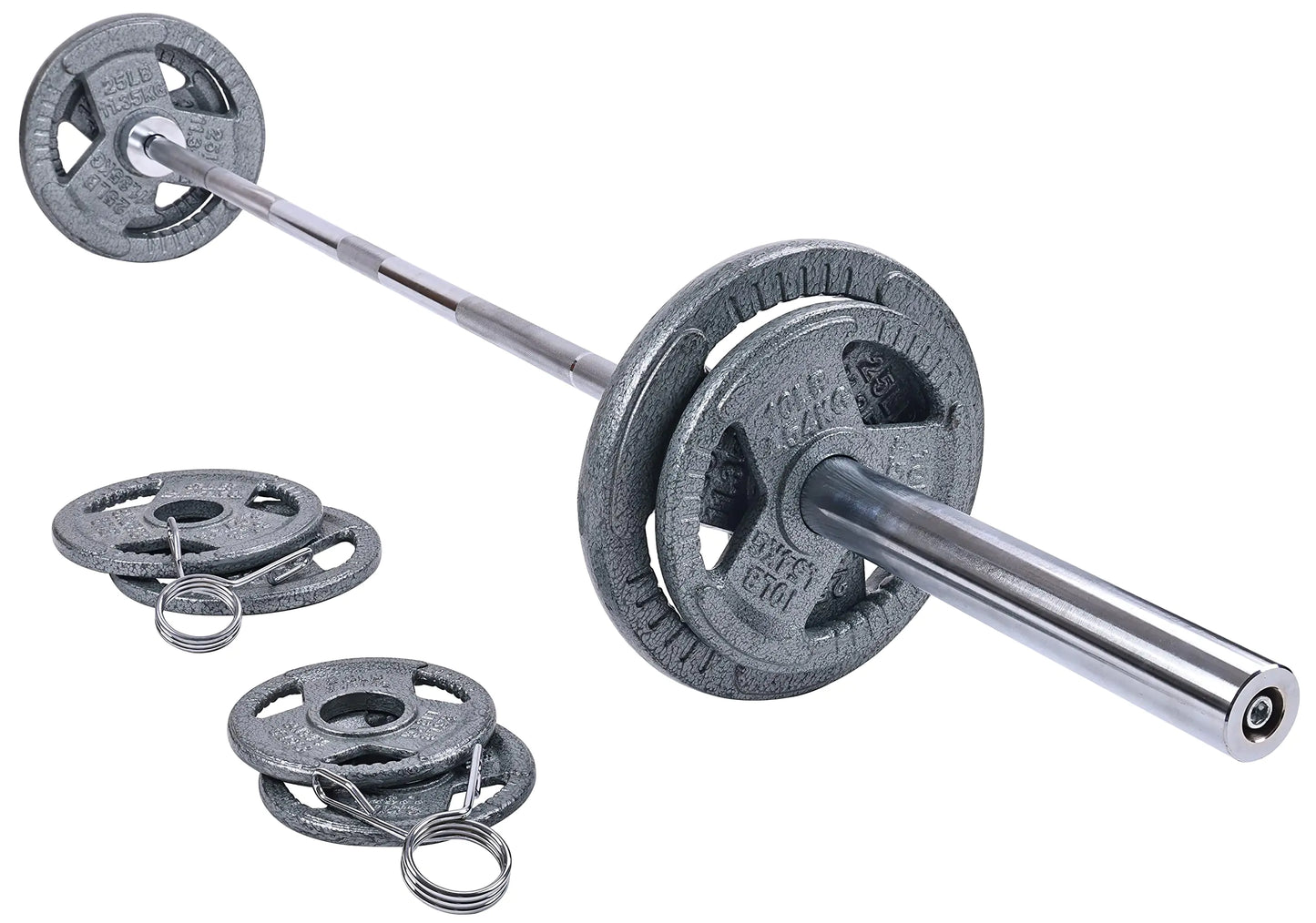 Signature Fitness Cast Iron Olympic 2-Inch Weight Plates Including 7FT Olympic Barbell