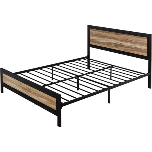 Base de cama con plataforma Queen, remaches de madera y metal industrial con cabecero y piecero