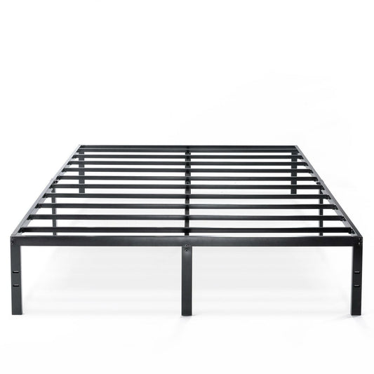 Estructura de cama de plataforma de metal negro resistente tamaño Queen con anclajes para cabecera