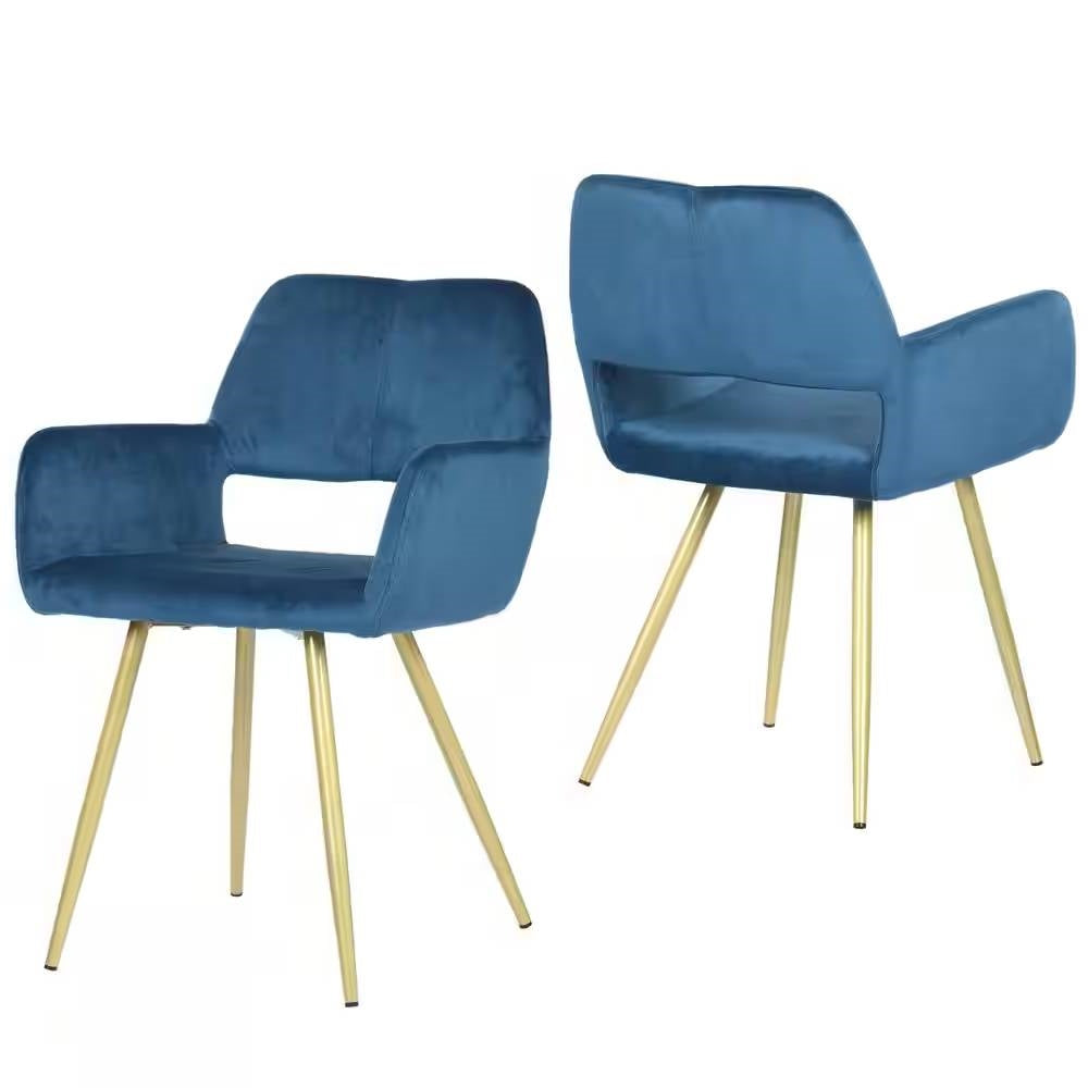 Juego de 2 sillas de comedor modernas tapizadas en terciopelo azul con patas de metal dorado