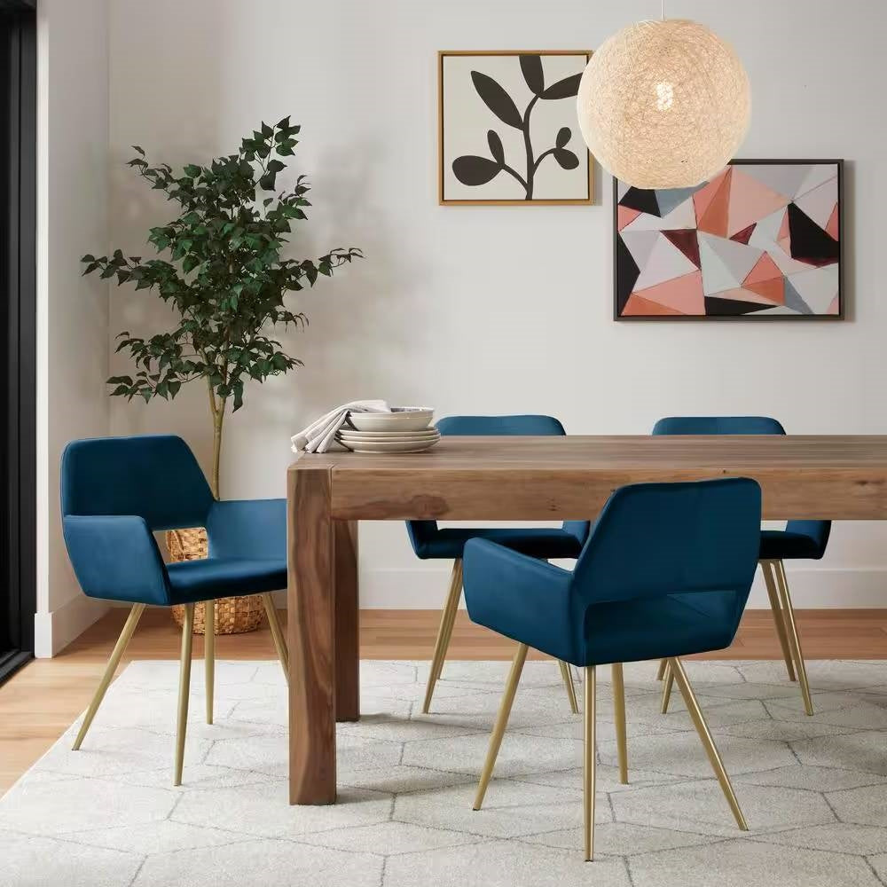 Juego de 2 sillas de comedor modernas tapizadas en terciopelo azul con patas de metal dorado
