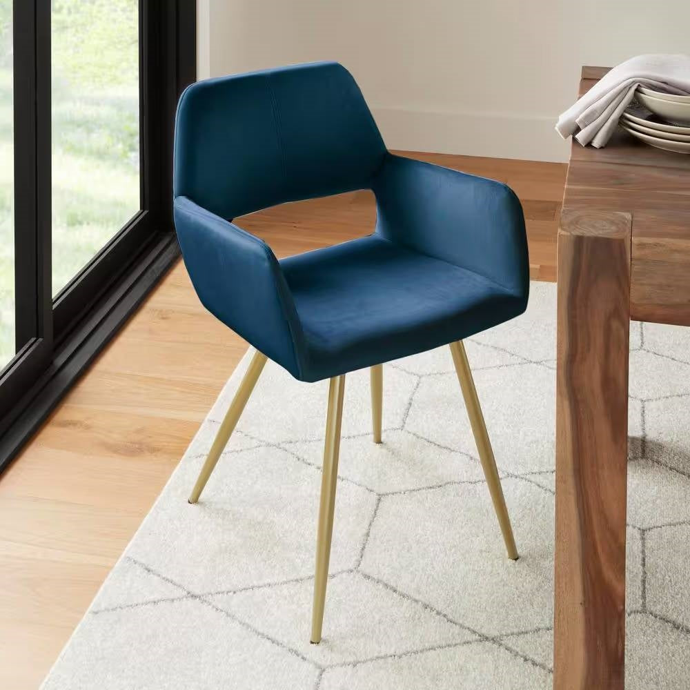 Juego de 2 sillas de comedor modernas tapizadas en terciopelo azul con patas de metal dorado