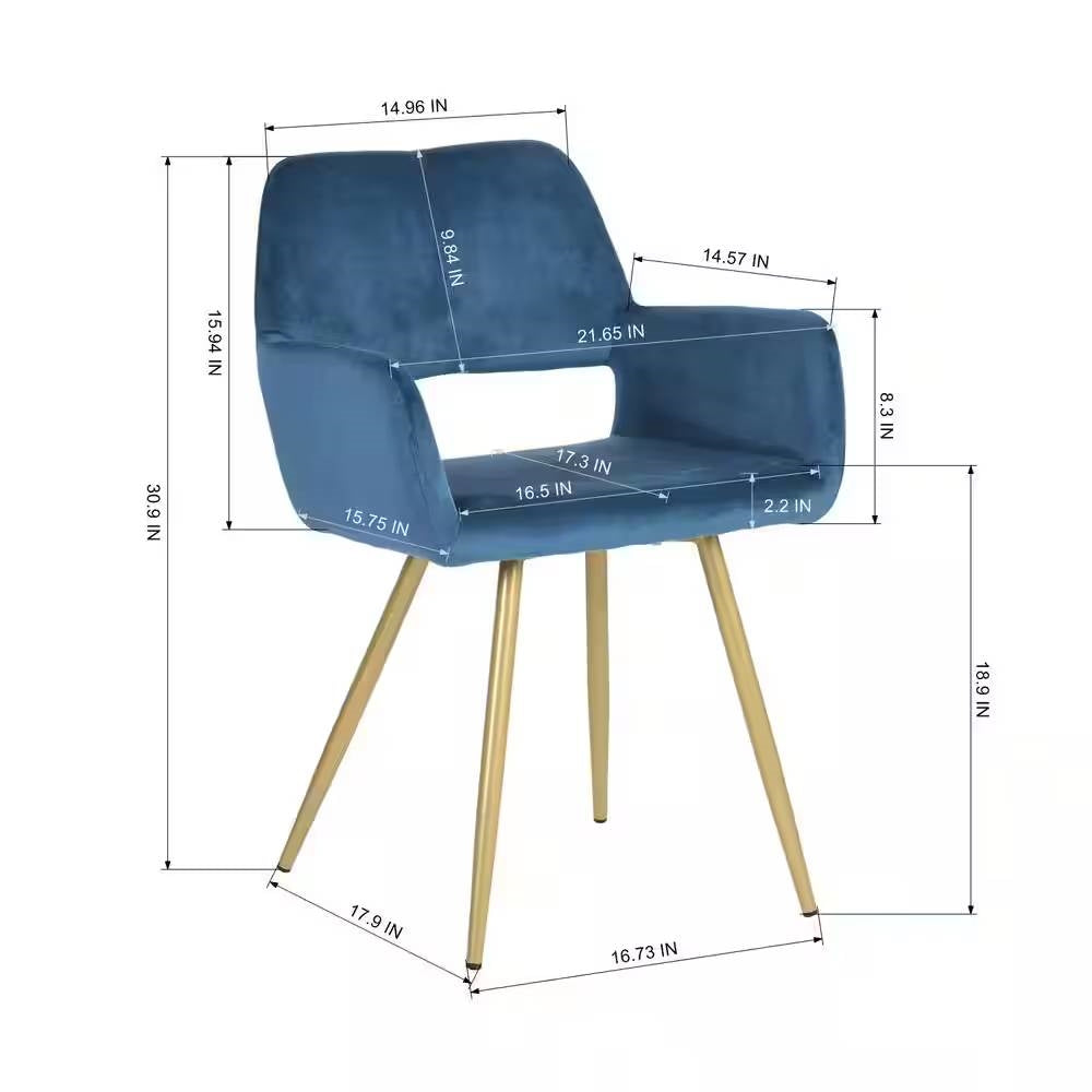 Juego de 2 sillas de comedor modernas tapizadas en terciopelo azul con patas de metal dorado