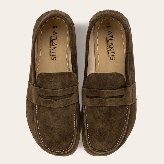 Women's Khaki Green Suede Penny Loafers