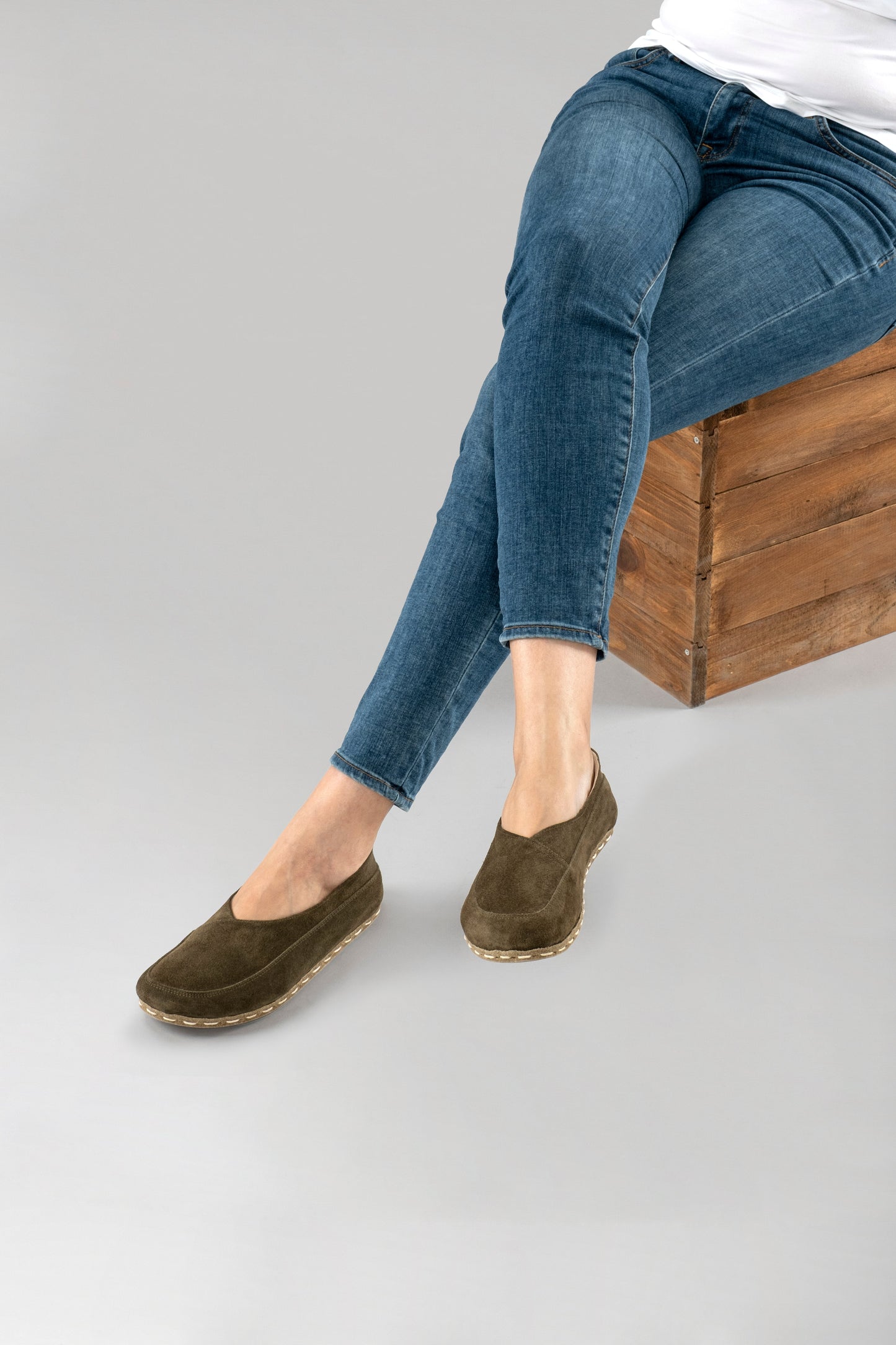 Women's Khaki Green Suede Barefoot Cross Ballet Flats