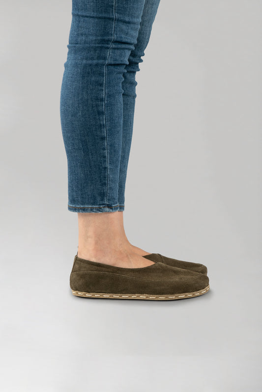 Women's Khaki Green Suede Barefoot Cross Ballet Flats