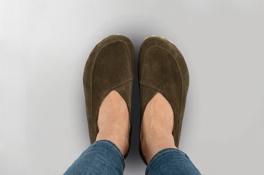 Women's Khaki Green Suede Barefoot Cross Ballet Flats