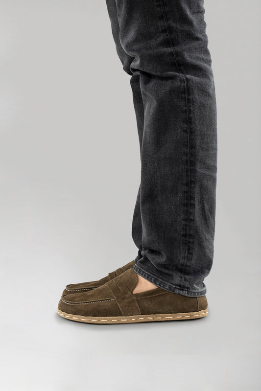 Men's Khaki Green Suede Penny Loafers