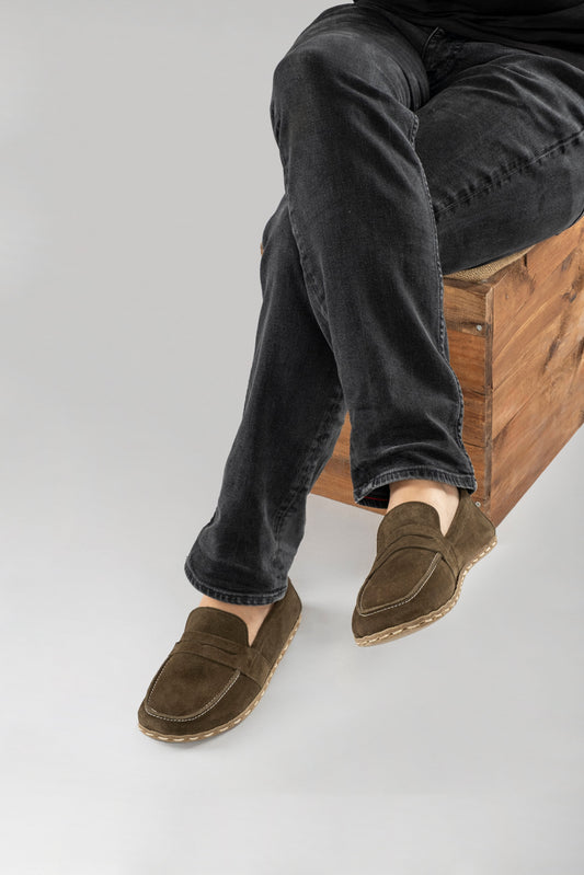Women's Khaki Green Suede Penny Loafers