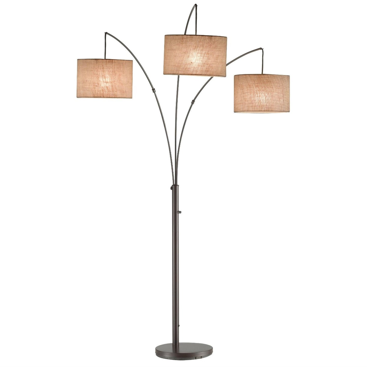 Lámpara de pie de arco moderna de 3 luces en bronce antiguo con pantallas estilo tambor