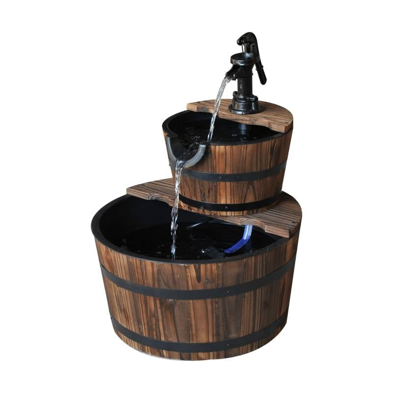 Fuente de agua de barril de whisky de madera maciza de 2 niveles para exteriores con bomba eléctrica