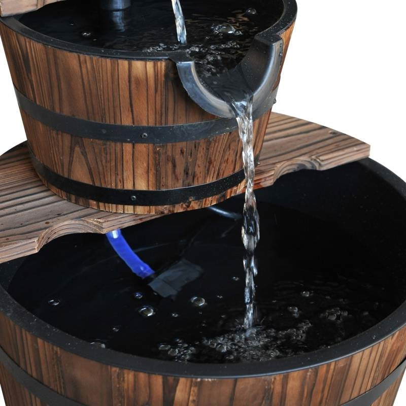 Fuente de agua de barril de whisky de madera maciza de 2 niveles para exteriores con bomba eléctrica