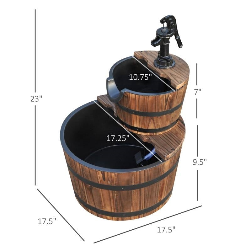 Fuente de agua de barril de whisky de madera maciza de 2 niveles para exteriores con bomba eléctrica