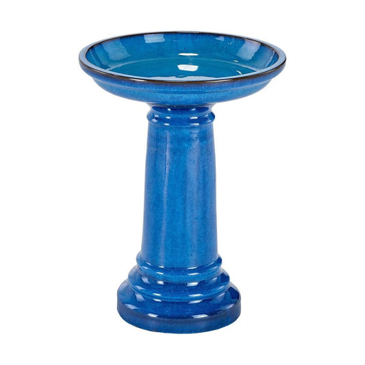 Bañera para pájaros tradicional de cerámica azul de 2 galones para jardín o patio exterior