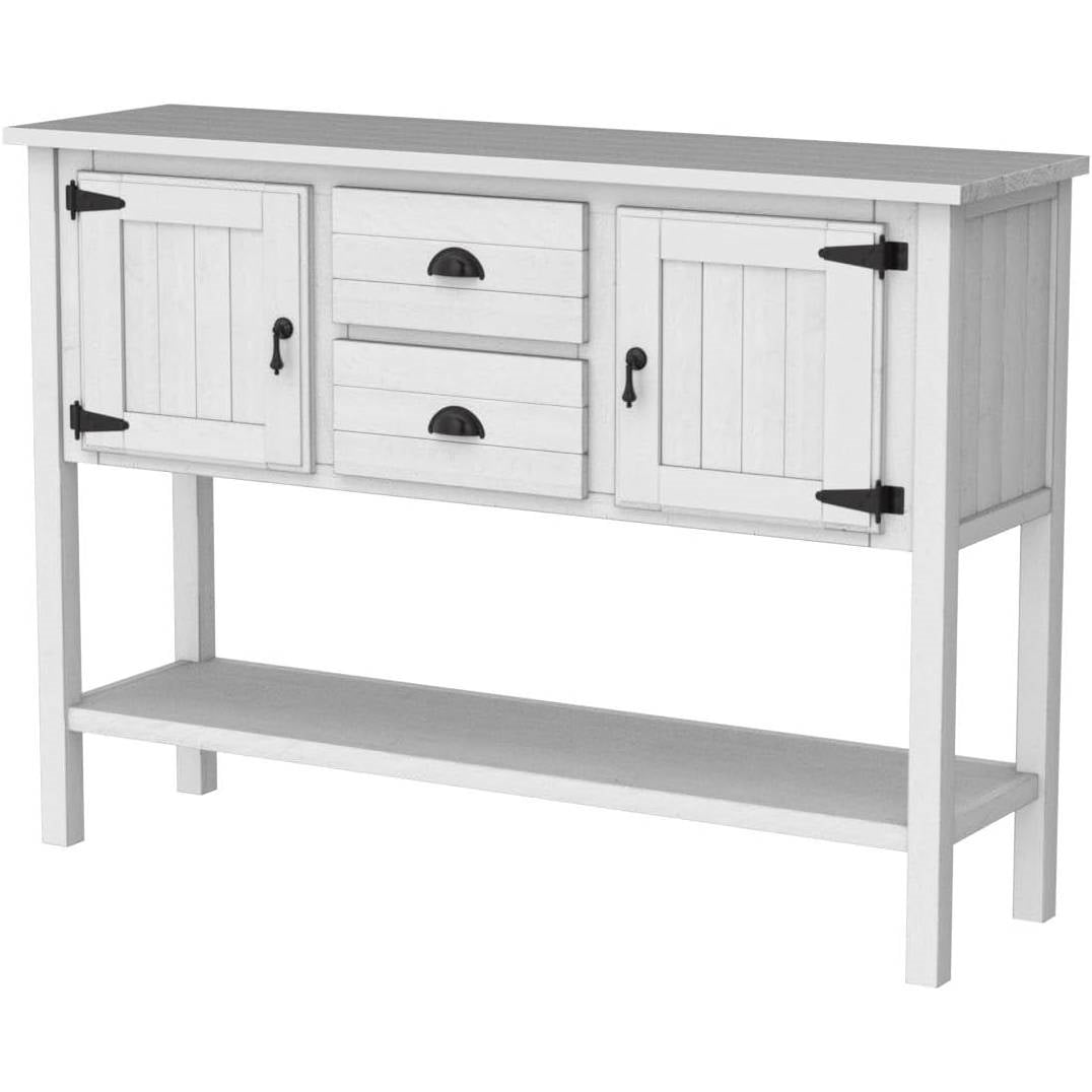 Mesa de sofá rústica de madera maciza con cajones de almacenaje en acabado blanco rústico