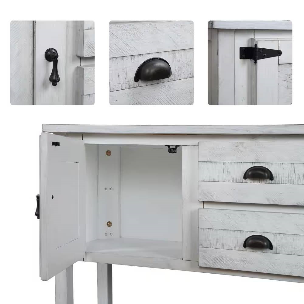 Mesa de sofá rústica de madera maciza con cajones de almacenaje en acabado blanco rústico